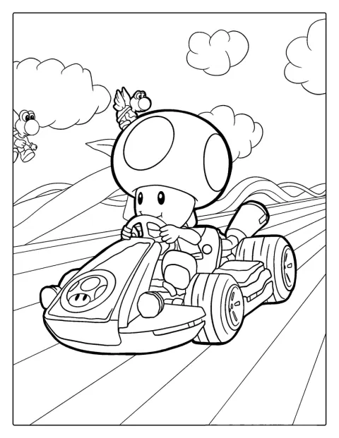 Toad scheurt met zijn kart over het racecircuit.