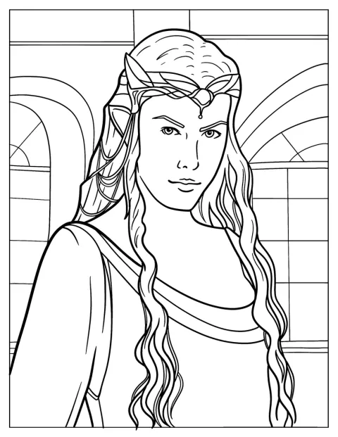 Arwen ist als Porträtfigur mit langem Haar dargestellt.