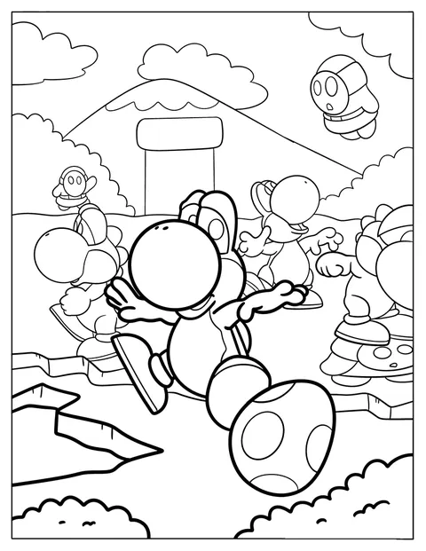 Yoshi's staan samen met Shy Guys, terwijl er nog meer op de loer liggen.