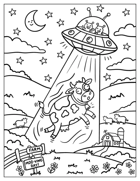 Alieni a bordo di un UFO rapiscono una mucca da una fattoria.