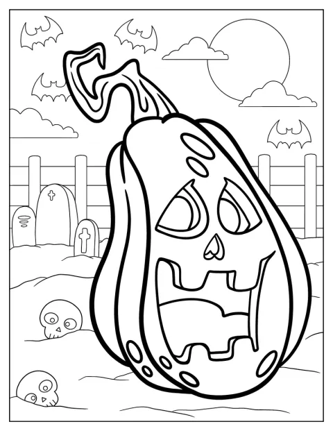 Una zucca dall’espressione spettrale si trova in un cimitero.
