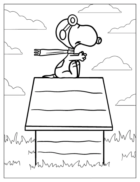 Snoopy sidder på sit hundehus og forestiller sig, at han flyver.