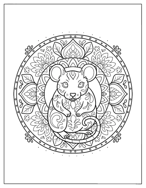 En råtta sitter mitt i en elegant mandala med blommor.