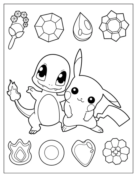 Charmander y Pikachu posan juntos con un aspecto chibi.