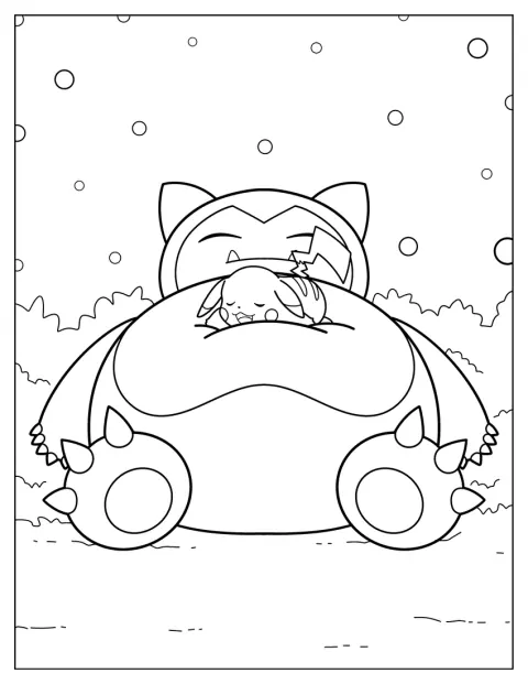Pikachu duerme encima de Snorlax en un paisaje invernal.