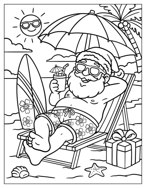 De kerstman ligt ontspannen op een strandstoel tijdens kerst in juli.